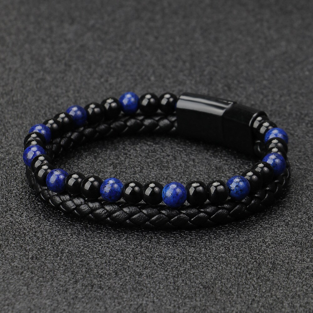 1 Piece Fashionable Style Bead Shape Leather Inlay Natural Stone Men's Bracelet h5 